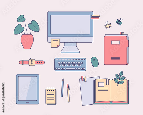 Collection of objects on the desk. flat design style minimal vector illustration.
