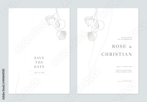 Minimalist foliage wedding invitation card template design, wild flowers line art ink drawing on white