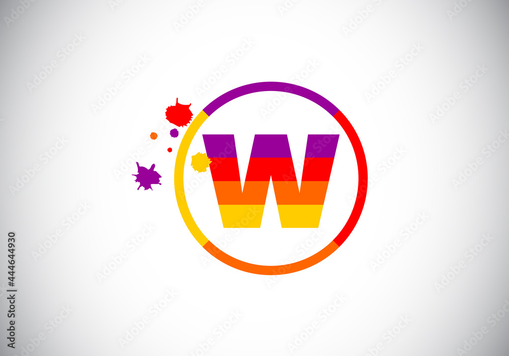 Initial W monogram letter alphabet in a circle with brush splash. Font ...