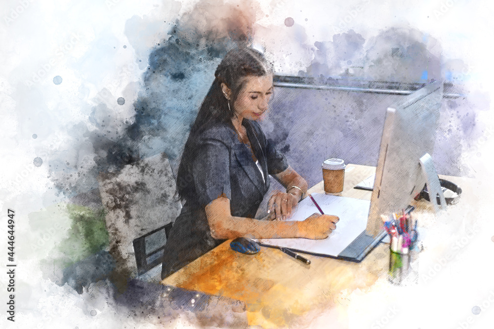 business person in office concept and building backgroud on watercolor illustration painting background.