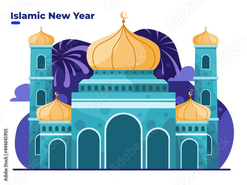 Islamic new year 1 muharram celebration illustration with mosque building. Happy new Hijri new year, Can be used for greeting card, invitation, banner, web,  poster, postcard, flyer.