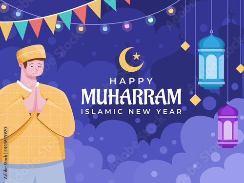 Person greeting happy 1 muharram islamic new year illustration. Happy New Hijri Year. Can be used for banner, poster, greeting card, invitation, post card, web, animation.