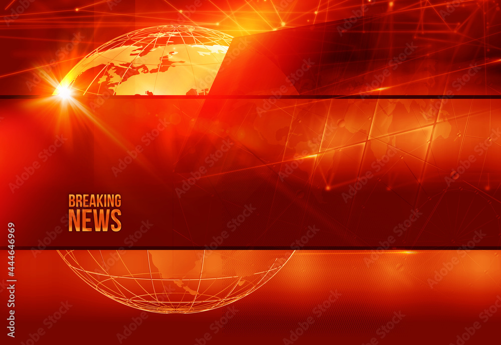 Red graphical breaking news background with connecting lines and a globe - obrazy, fototapety, plakaty 