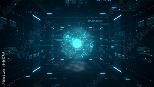  Abstract technology big data concept. Motion graphic for abstract data center, data flow. Transferring of big data and storage of block chain, server, hi-speed internet. 3D Rendering.
