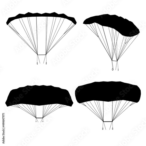 Set with silhouettes of parachute in different positions isolated on white background. Vector illustration