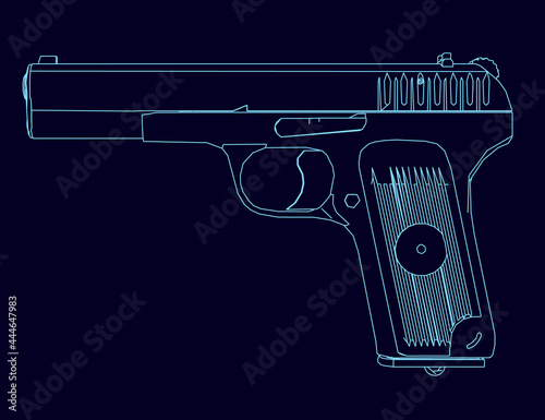 Contour of a pistol from blue lines isolated on a dark background. Side view. Vector illustration
