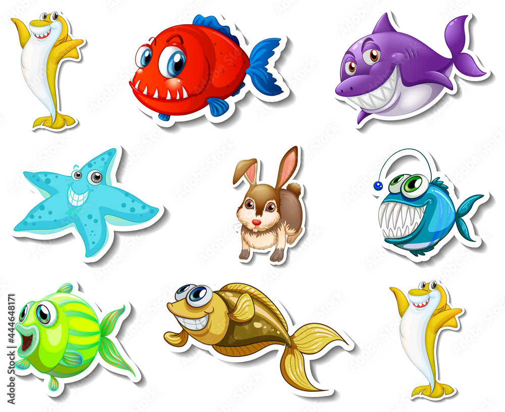 Set of stickers with sea animals and dogs cartoon character