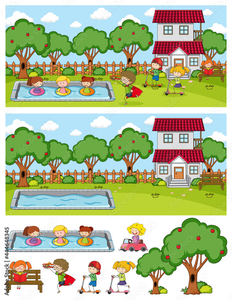 Obraz premium Park scene set with many kids doodle cartoon character isolated