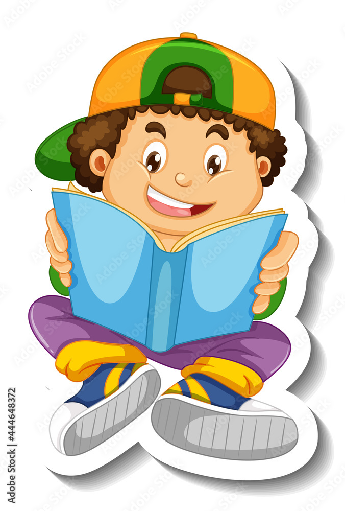 Sticker template with a boy reading book cartoon character isolated Sticker template with a boy reading book cartoon character isolated
