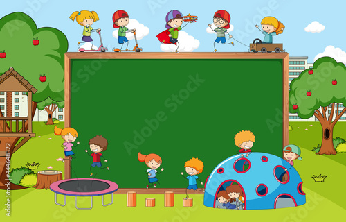 Playground scene with empty blackboard and many kids doodle cartoon character