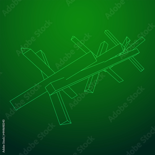 Hedgehog antitank defence. Wireframe low poly mesh vector illustration.