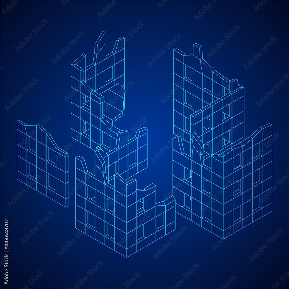 Destroyed building ruin and concrete, war destruction concept. Wireframe low poly mesh vector illustration.