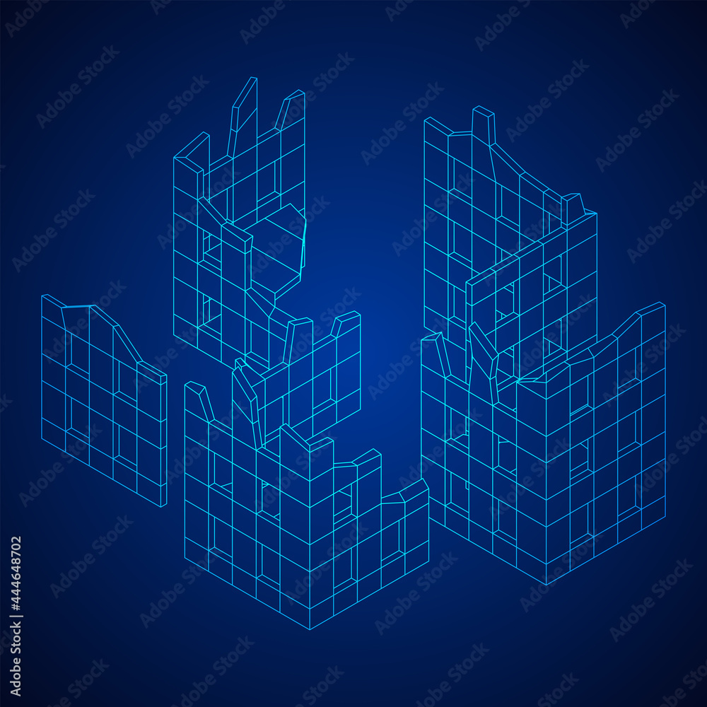 Destroyed building ruin and concrete, war destruction concept. Wireframe low poly mesh vector illustration. Destroyed building ruin and concrete, war destruction concept. Wireframe low poly mesh vector illustration.