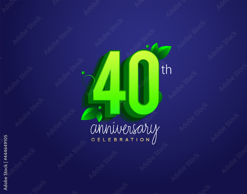 40th anniversary logotype with leaf and green colored, isolated on blue background.