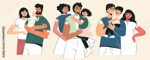 Vaccine and family vaccinated concept. Set of young parents with kid and infant after injection shot. Health insurance. Vaccination of children and babies, health care, protection against infections