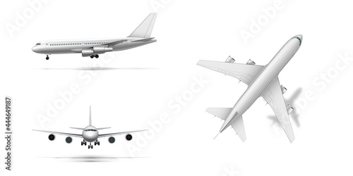 Flying airplane, jet aircraft or airliner. Detailed passenger air plane on white background.