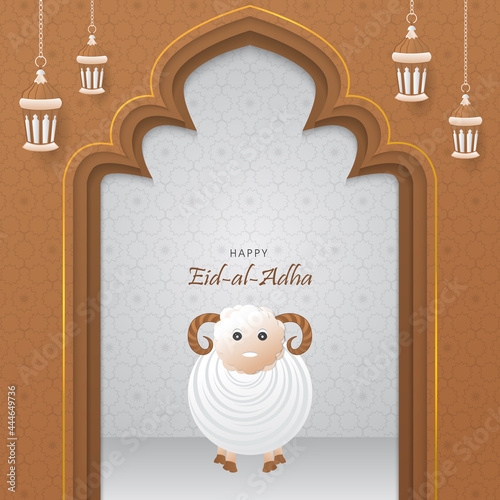 Eid al Adha wishes Banner Background with Arch and lanterns