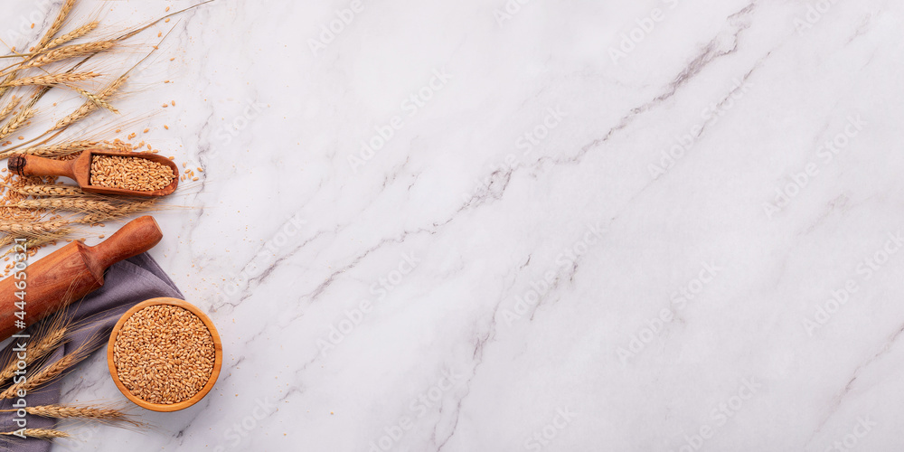 Wheat ears and wheat grains set up on marble background. Top view and copy space Wheat ears and wheat grains set up on marble background. Top view and copy space