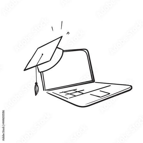 hand draw doodle laptop and graduation hat symbol for education illustration vector isolated