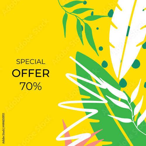 Summer post template background. Floral background. Can be adapted for banner, flier, social media post. Green and yellow fresh trendy leaves decoration 