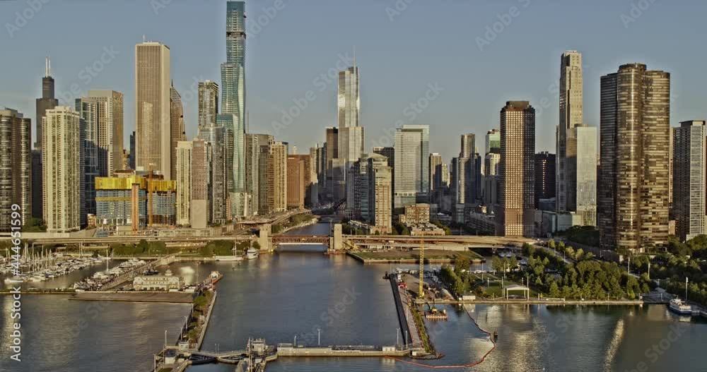 Chicago Illinois aerial trucking shot at sunrise along the Navy Pier Streeterville areas past New Eastside - 6k cinematic professional footage - August 2020 Chicago Illinois aerial trucking shot at sunrise along the Navy Pier Streeterville areas past New Eastside - 6k cinematic professional footage - August 2020
