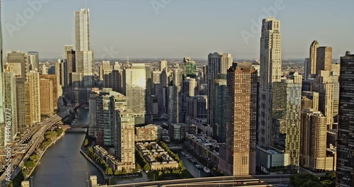 Chicago Illinois low level fly past over the Streeterville Downtown areas at sunrise - 6k professional footage - August 2020 photo