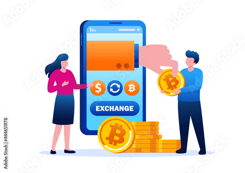 Bitcoin exchange and transfer flat vector illustration banner