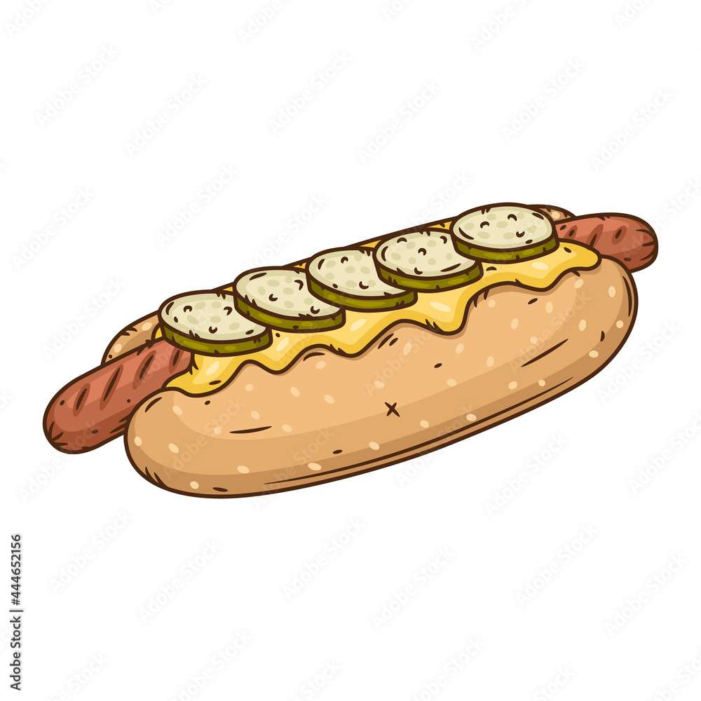 Hot dog. Hand drawn vector illustration with hot dog. Hot dog. Hand drawn vector illustration with hot dog.