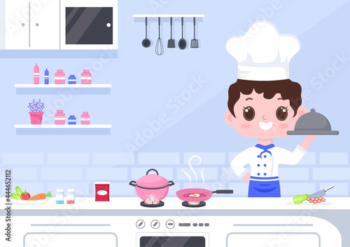 Chef Is Cooking In The Kitchen With Tray, ingredients or Different Meals. Interior Furniture And Utensils Background Landing Page Illustration