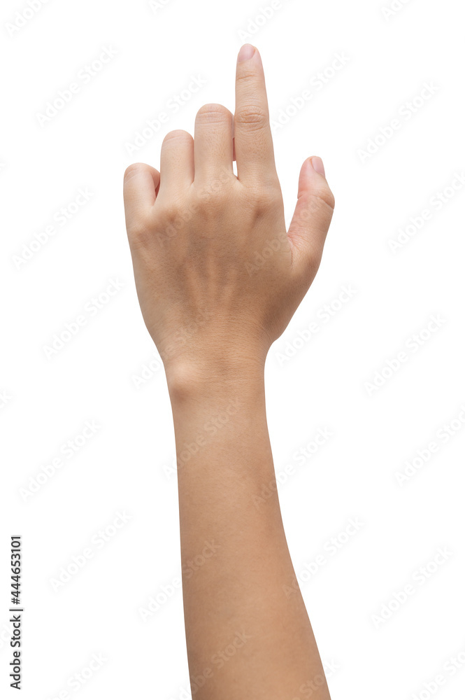Woman hand touching or pointing to something isolated on white background. Woman hand touching or pointing to something isolated on white background.