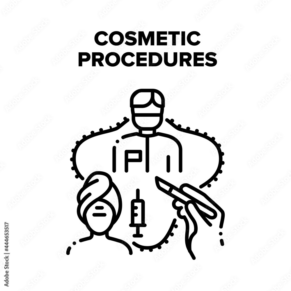 Cosmetic Beauty Procedures Vector Icon Concept. Cosmetic Beauty Procedures And Medical Surgery Operation Make Doctor For Patient. Spa Salon Or Medicine Clinic Treatment Black Illustration