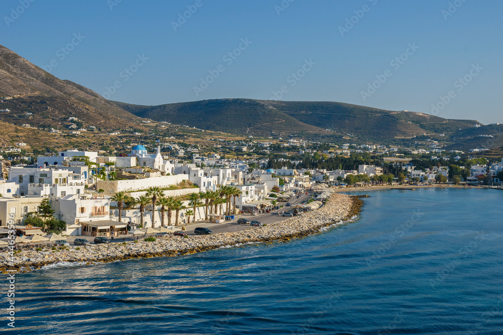 Parikia, Greece - June 2017: Port and the town Parikia as seen from a ferry during the loading of the ship, Paros island in Greece, Europe
