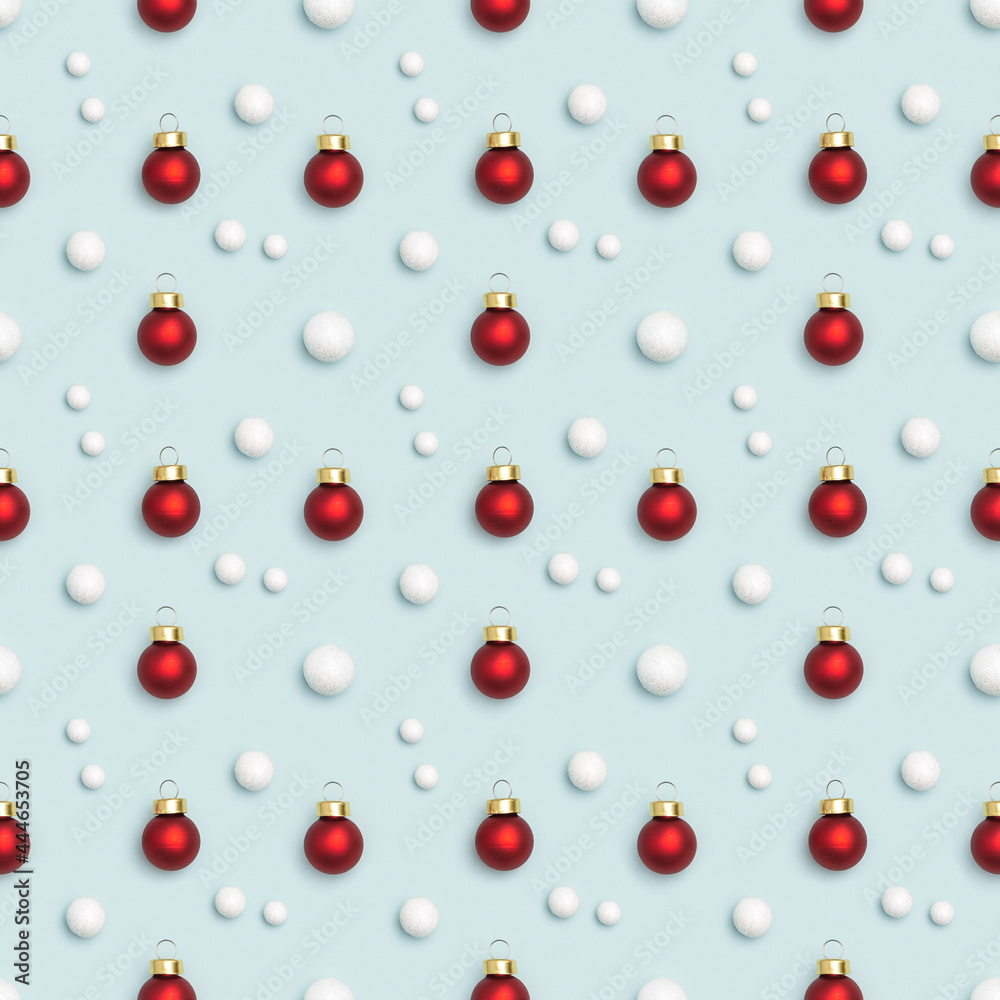 Christmas minimal concept, Christmas composition with bright red New Year balls and white snowball Christmas minimal concept, Christmas composition with bright red New Year balls and white snowball