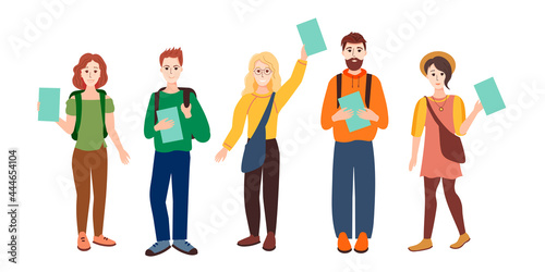 Happy students are holding diplomas in their hands. A group of university graduates on a white background.
