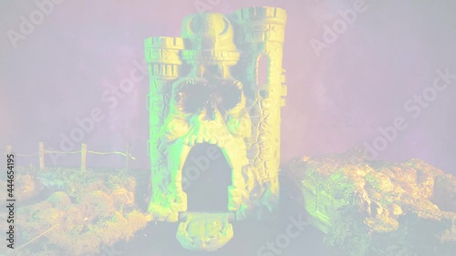 Castle GreySkull playset remake with fog and Lightning He-Man and the masters of the universe 4K close-up zoom in shot