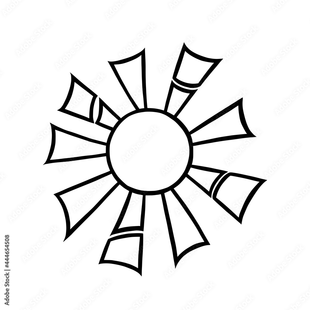 Handdrawn sun with beams. Shining sun in doodle style. Black and white vector illustration isolated in white background Handdrawn sun with beams. Shining sun in doodle style. Black and white vector illustration isolated in white background