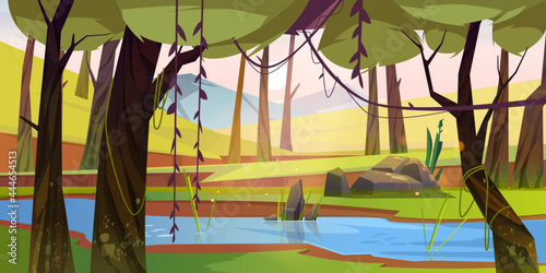 Cartoon forest background with stream flow under green trees with lianas along rocky shore. Wild nature landscape, beautiful scenery view, summer or spring wood area with plants, Vector illustration