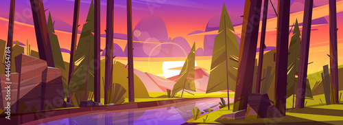 Summer forest with river, green grass and mountains on background. Sunset scene of natural park with water stream. Vector cartoon evening landscape with spruce trees, stones and brook