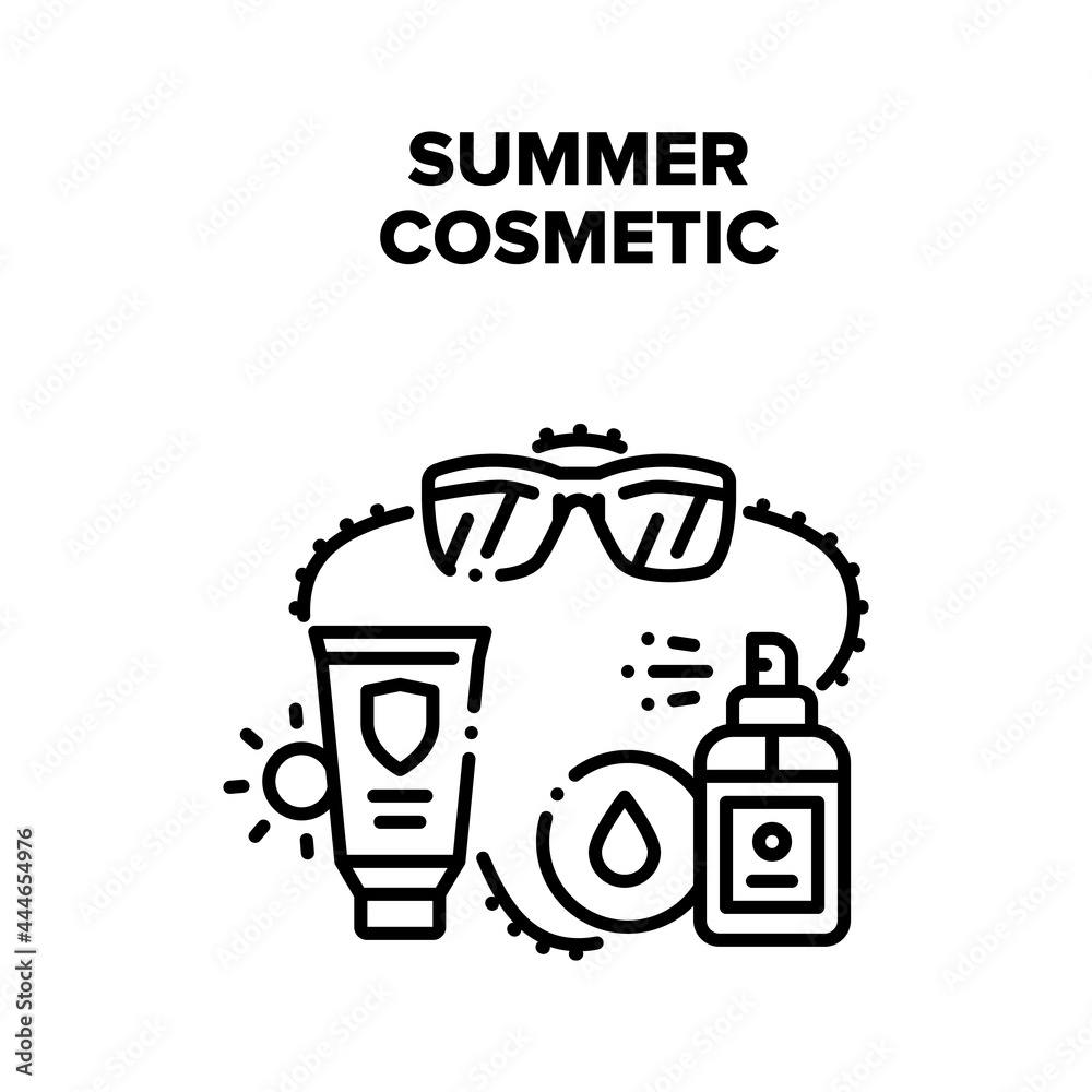 Summer Cosmetic Vector Icon Concept. Eyeglasses And Sunscreen Cream And Lotion Spray Summer Cosmetic For Protect Body Skin And Accessory For Eyes. Skincare Creamy Product Black Illustration Summer Cosmetic Vector Icon Concept. Eyeglasses And Sunscreen Cream And Lotion Spray Summer Cosmetic For Protect Body Skin And Accessory For Eyes. Skincare Creamy Product Black Illustration