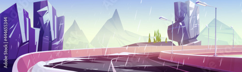 Car road in mountains at winter. Vector cartoon landscape of rocks and highway with street lamps and concrete fencing. Illustration of overpass road with cement barrier and snow