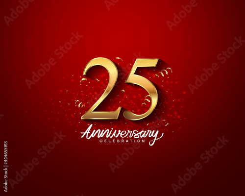 25th anniversary background with 3D number illustration golden numbers and Anniversary Celebration text with golden confetti on red background.