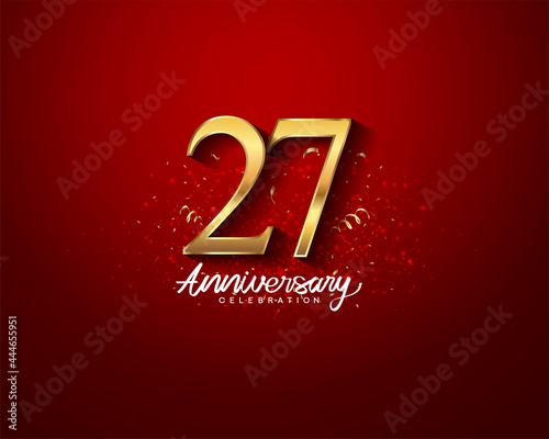 27th anniversary background with 3D number illustration golden numbers and Anniversary Celebration text with golden confetti on red background.