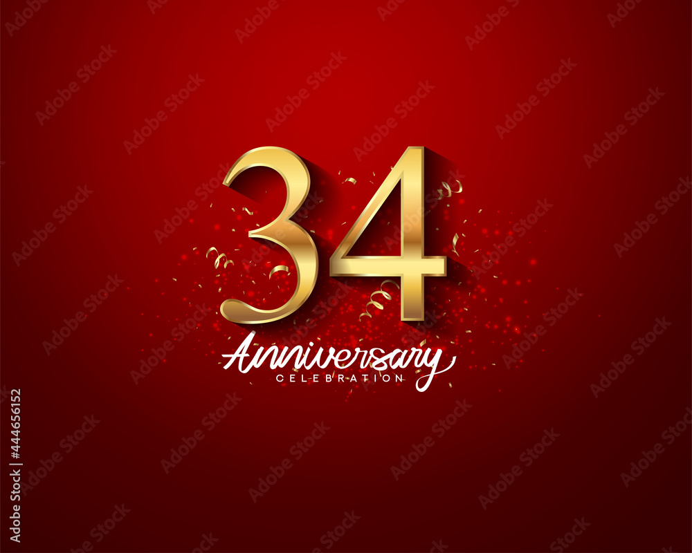 34th anniversary background with 3D number illustration golden numbers and Anniversary Celebration text with golden confetti on red background.
