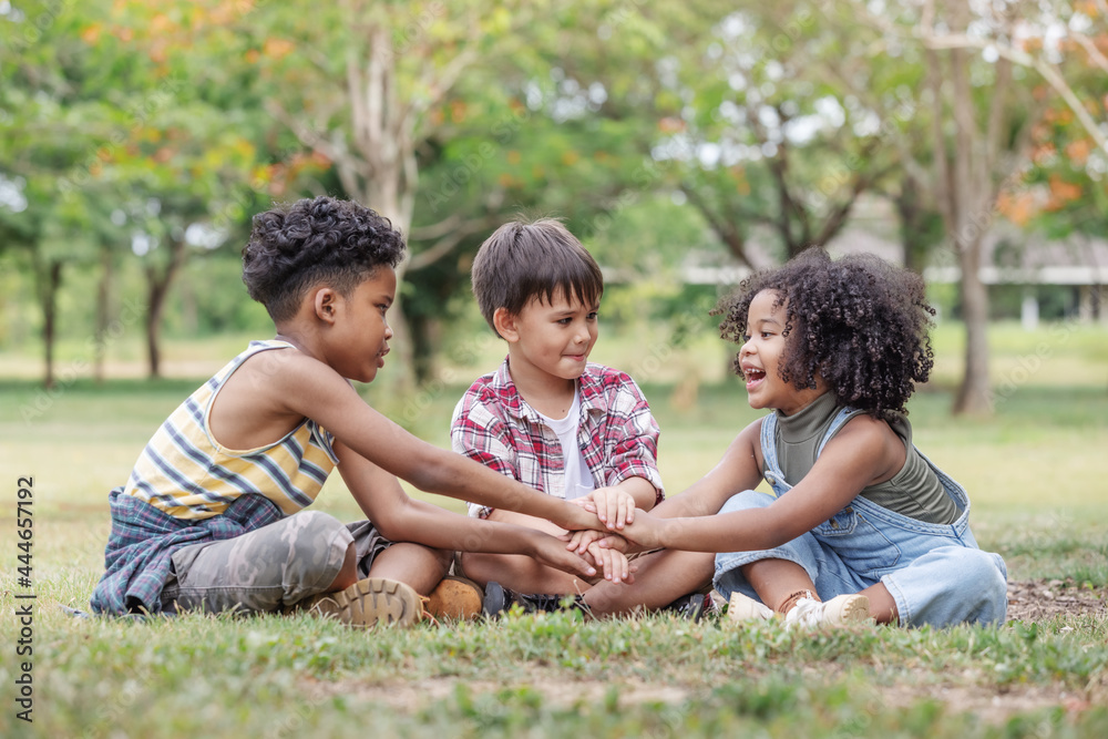 Multi-ethnic children sitting on lawn and fight pulling for a laptop to play game. Multi-ethnic children sitting on lawn and fight pulling for a laptop to play game.