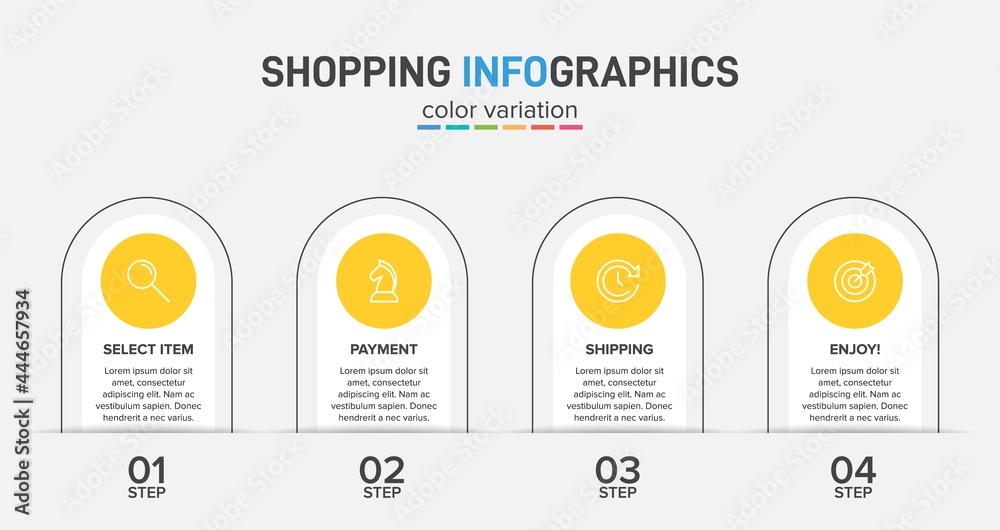 Concept of shopping process with 4 successive steps. Four colorful graphic elements. Timeline design for brochure, presentation, web site. Infographic design layout. Concept of shopping process with 4 successive steps. Four colorful graphic elements. Timeline design for brochure, presentation, web site. Infographic design layout.