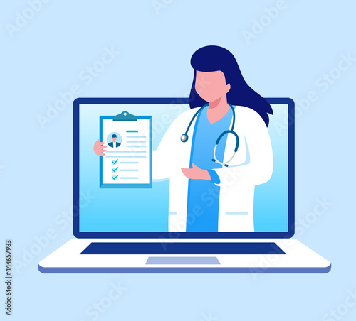 Online doctor with internet and gadget flat vector illustration banner
