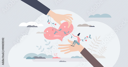 Compassion and empathy as support and care in problems tiny person concept. Emotional awareness and solidarity vector illustration. Giving heart and understanding need for assistance and partnership.
