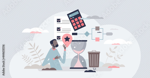 Lean manufacturing cost effective production model tiny person concept. Waste reduction and just in time approach implementation in company management and standards vector illustration. Quality growth