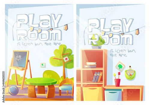 Playroom flyers with kindergarten or daycare center interior. Vector posters of nursery room with cartoon illustration of toys and furniture for kids, blackboard for children drawing and bookcase
