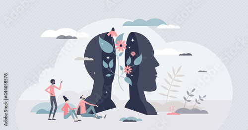 Taking care of mental health, feelings or inner peace and harmony tiny person concept. Relaxation or wellness with open mind and balance vector illustration. Thoughts awareness and beautiful intellect photo